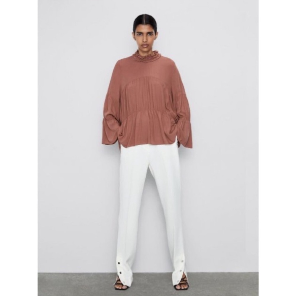 Zara flowy high-neck ruffle top in mauve (XS)